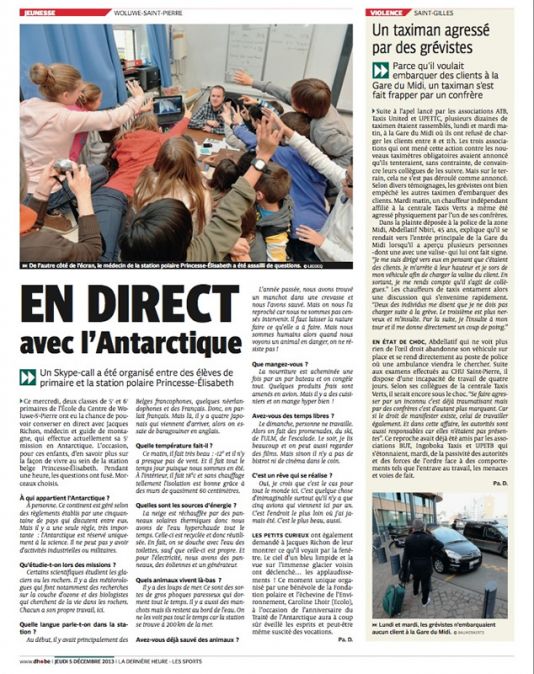 Article of the Skype between Ecole du Centre de Woluwe-Saint-Pierre and doctor Jacques Richon in Princess Elisabeth Antarctica station.