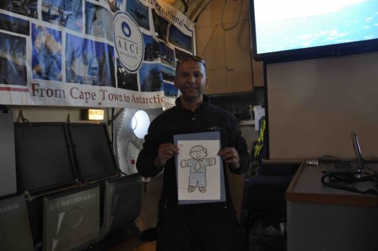 Flat Stanley talking to Russel from ALCI (Antarctic Logistics Centre International) aboard the Ilyushin 76 plane heading for Antarctica.
