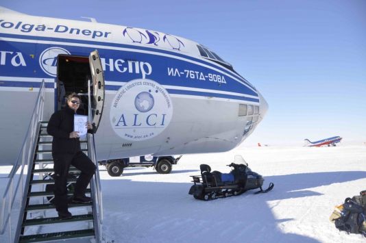 Arrival in Antarctica: Flat Stanley coming out of the Ilyushin plane with Thomas.