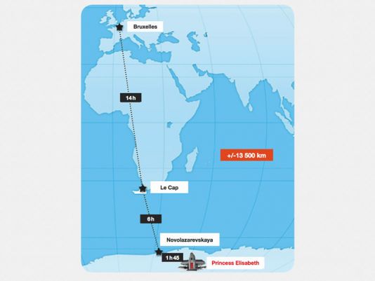 There are two stopovers on the trip: Cape Town in South Africa, and Novolazarevskaya station in Antarctica.