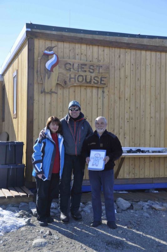 Flat Stanley at Shirmacher Oasis Guest House near Novo base with Leonid & Nadia.