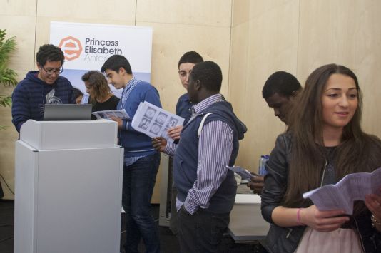 Students from the Institut Technique Cardinal Mercier getting ready to present their project.