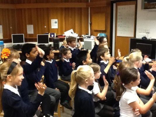 Calow Primary School children wave goodbye to Johnny after their skype chat 