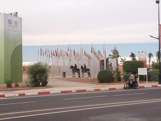 Flags representing the nations at COP22 with horse guards