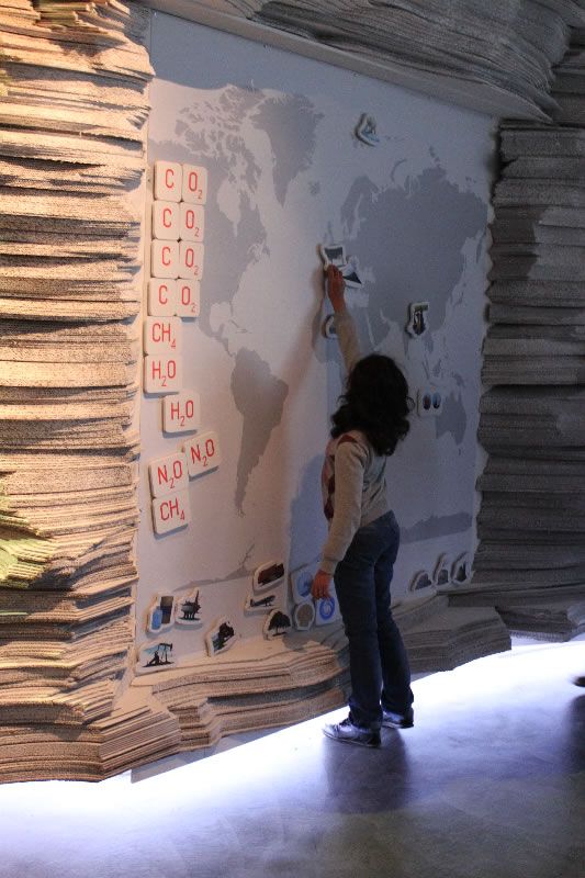 Using a large world map with magnets with pictures and chemical symbols on them, the children learn about the causes and consequences of current climate change.