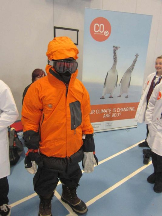 Mary Swanwick Primary student tries on polar clothing