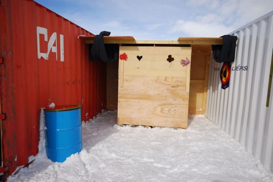 The toilets after they have been cleared of snow...Nice job!