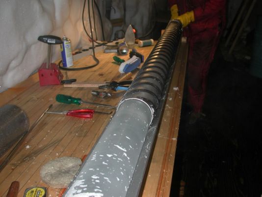 An ice core is a core sample of ice removed from a glacier, most commonly from the polar ice caps of Antarctica, Greenland or from high mountain glaciers elsewhere. As the ice forms from the incremental buildup of annual layers of snow, lower layers are older than upper, and an ice core contains ice formed over a range of years. The properties of the ice or inclusions within the ice can then be used to reconstruct a climatic record over the age range of the whole coring (from several thousands years in mountains glaciers up to 800 000 years in the Antarctic ice cap).