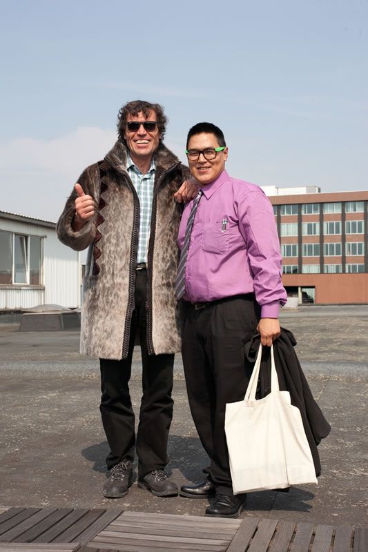 Alain tries on a sealskin jacket.