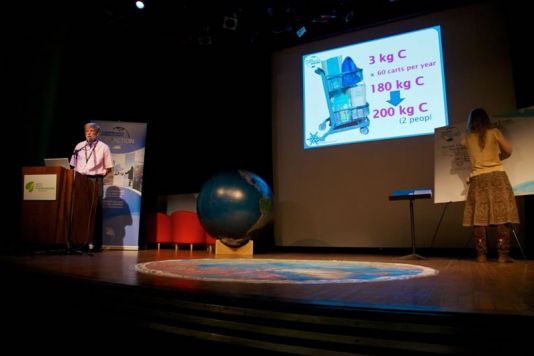 Presentatie van Dr. Dave Carlson. Eén van de onderwerpen die hij aanhaalde was 'Hoe kan je mensen een idee geven van wat 3 Gigaton koolstof, onze jaarlijkse uitstoot door het gebruik van fossiele brandstoffen, is?' Hij maakte hiervoor de vergelijking met de ecologische voetafdruk van zijn winkelkar.