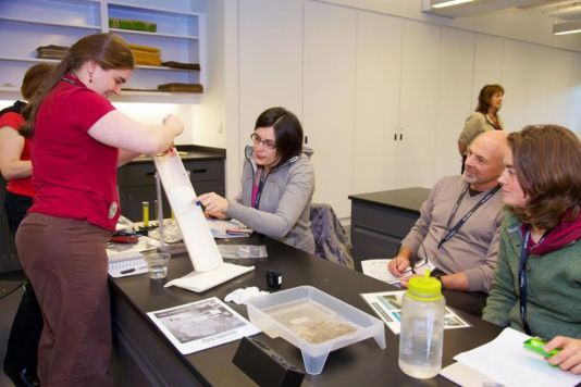 Teachers performing hands-on activities during the Antarctic Geological Drilling Program (ANDRILL) workshop.