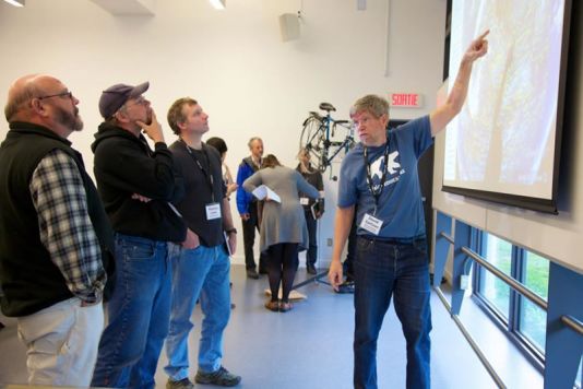 Dr. David Carlson showing participants tools and data sources to teach about new patterns of cold weather and heavy snow outbreaks in Europe, with plausible direct relationships to warming in the Arctic.