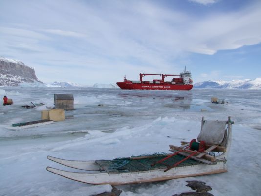 The first ship of the year: Mary Arctica breaks through the ice. 17th May 2009.