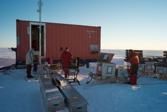 Base camp of the second BELISSIMA project team at the Antarctic coast. They studied the movement of the ice through beaconing and did drilled  to bring back some ice cores.