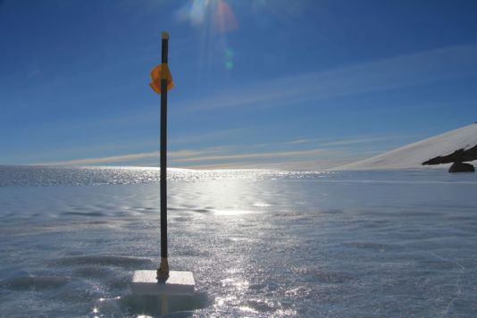 De temperatuurloggers die de temperatuur meten van het water van de cryoconietgaten, waarin de micro-organismen zich bevinden, moeten vervangen worden. Een stok geeft aan waar ze zich bevinden.