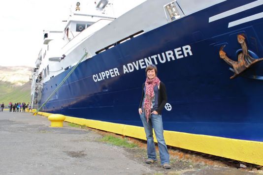 Boarding of the Clipper Adventurer in the harbor of Siglufjordur (Iceland).