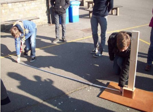 Students of Leiepoort Campus Sint-Hendrik Deinze measure the shadow at their playground.